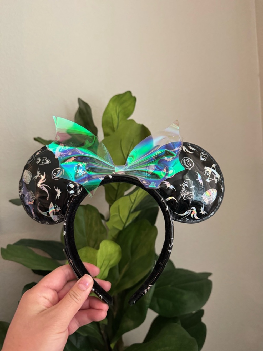 Disney Black Halloween Ghosts Mickey Ears Headband with Iridescent Bow